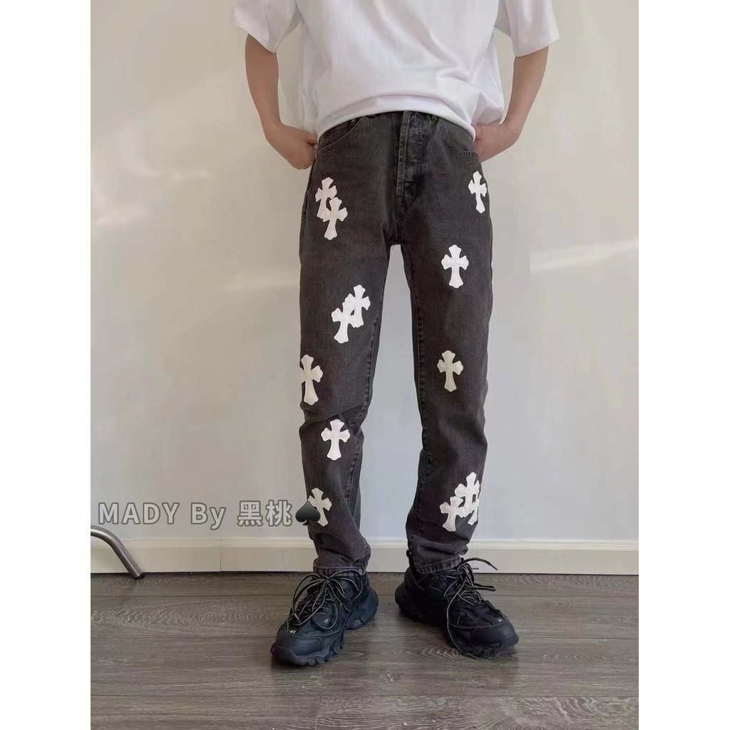 กางเกงยีนส์ทรงตรงสำหรับผู้ชาย สไตล์.Chrome Hearts
