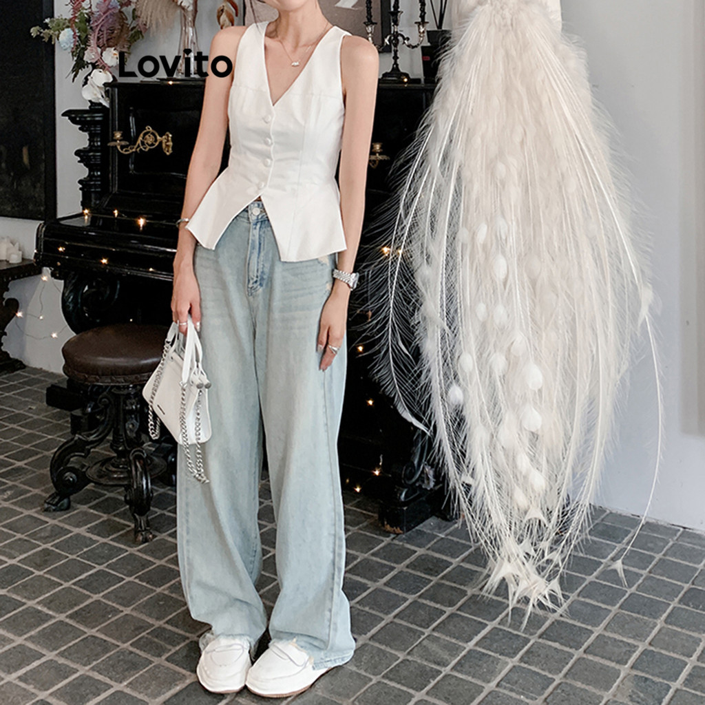 (สง่างาม) Lovito เสื้อกล้ามลําลองเสื้อกล้ามกระดุมไข่มุกธรรมดาสําหรับผู้หญิง L67AD039 (สีขาว)
