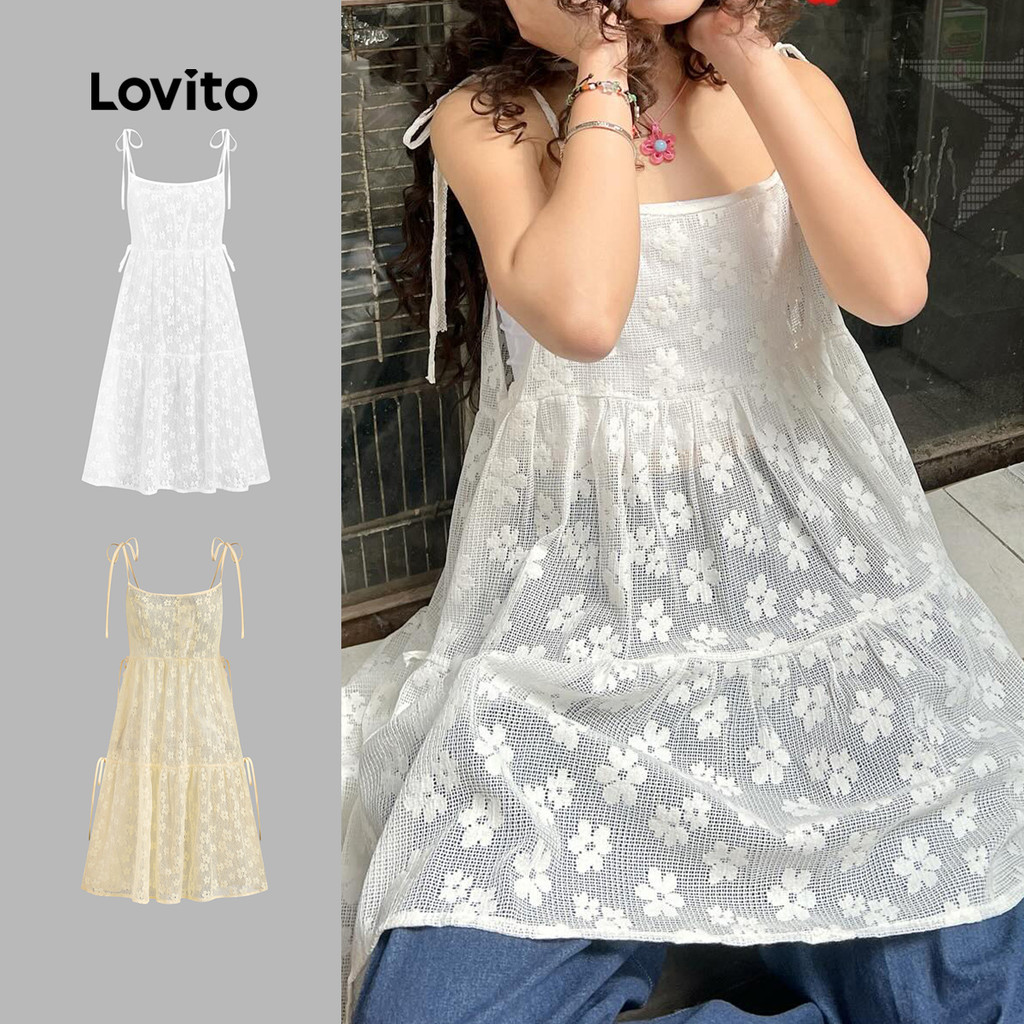 Lovito ชุดเดรสสีขาวฤดูใบไม้ผลิ / ฤดูร้อนผูกเชือกธรรมดาลําลองสําหรับผู้หญิง L136AD076