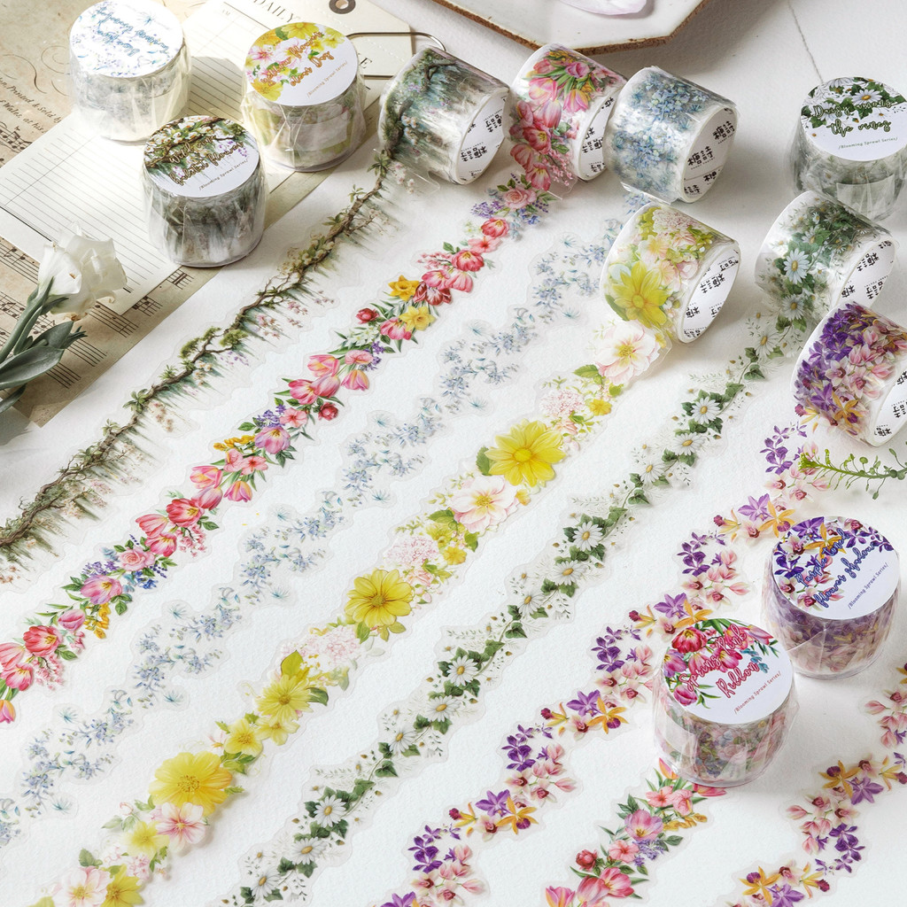 QOUZMO สีน้ําดอกไม้ PET Washi Tape, เทปตกแต่งดอกไม้โปร่งใส, ม้วนกาวในตัวกันน้ําสําหรับสมุดภาพโน๊ตบุ๊คงานฝีมือทํามือ