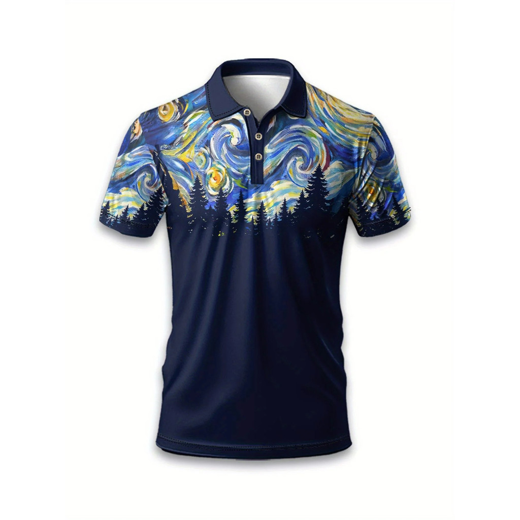 รุ่นเสื้อโปโลผู้ชายลําลองพิมพ์ลาย Van Gogh Art 3D แห้งเร็วและระบายอากาศได้เหมาะสําหรับทุกฤดูกาล 8ZLW