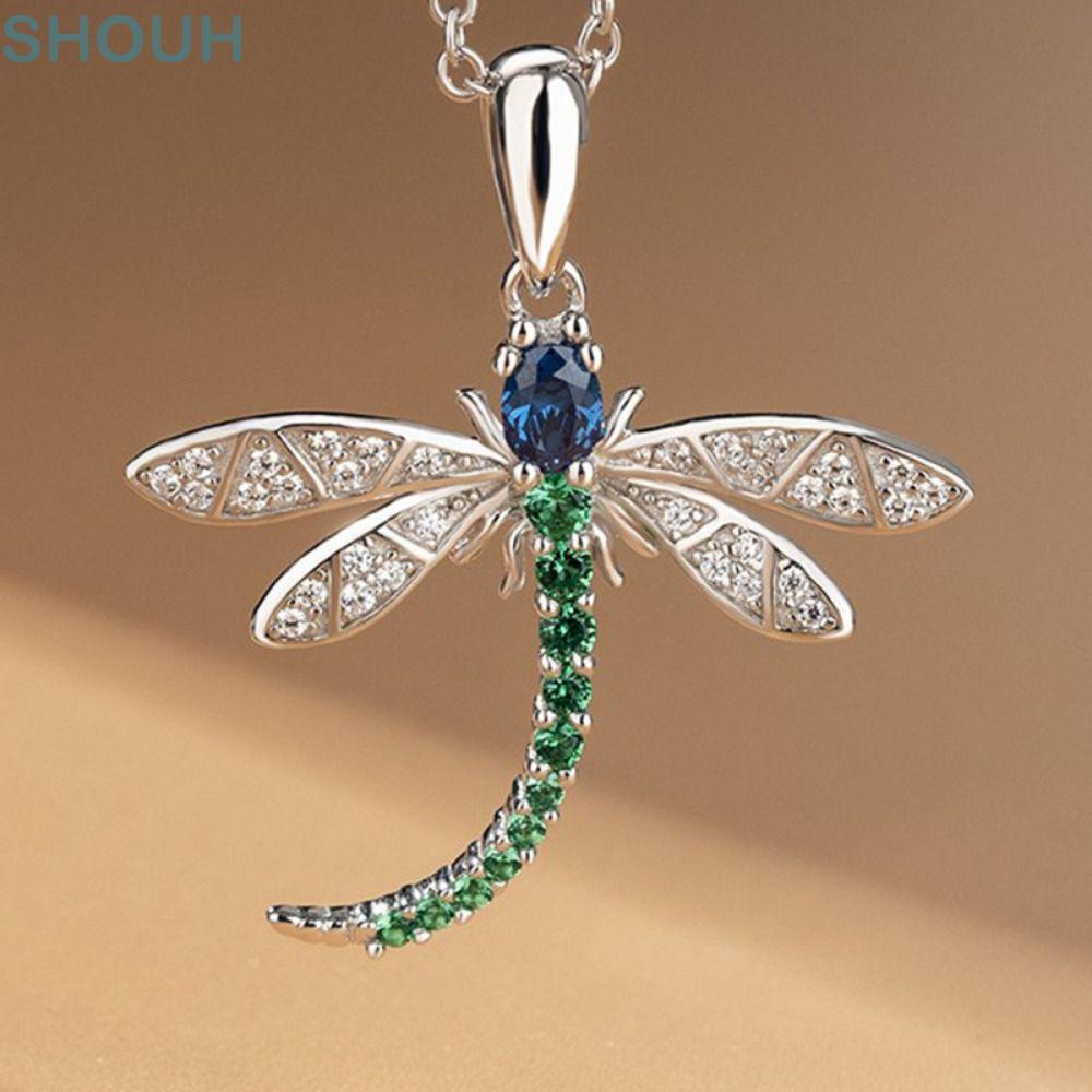SHOUH สร้อยคอจี้แมลงปอ, ฝังการออกแบบที่มีสีสัน Cubic Zirconia Cubic Zirconia สร้อยคอ, แฟชั่น Dragonf