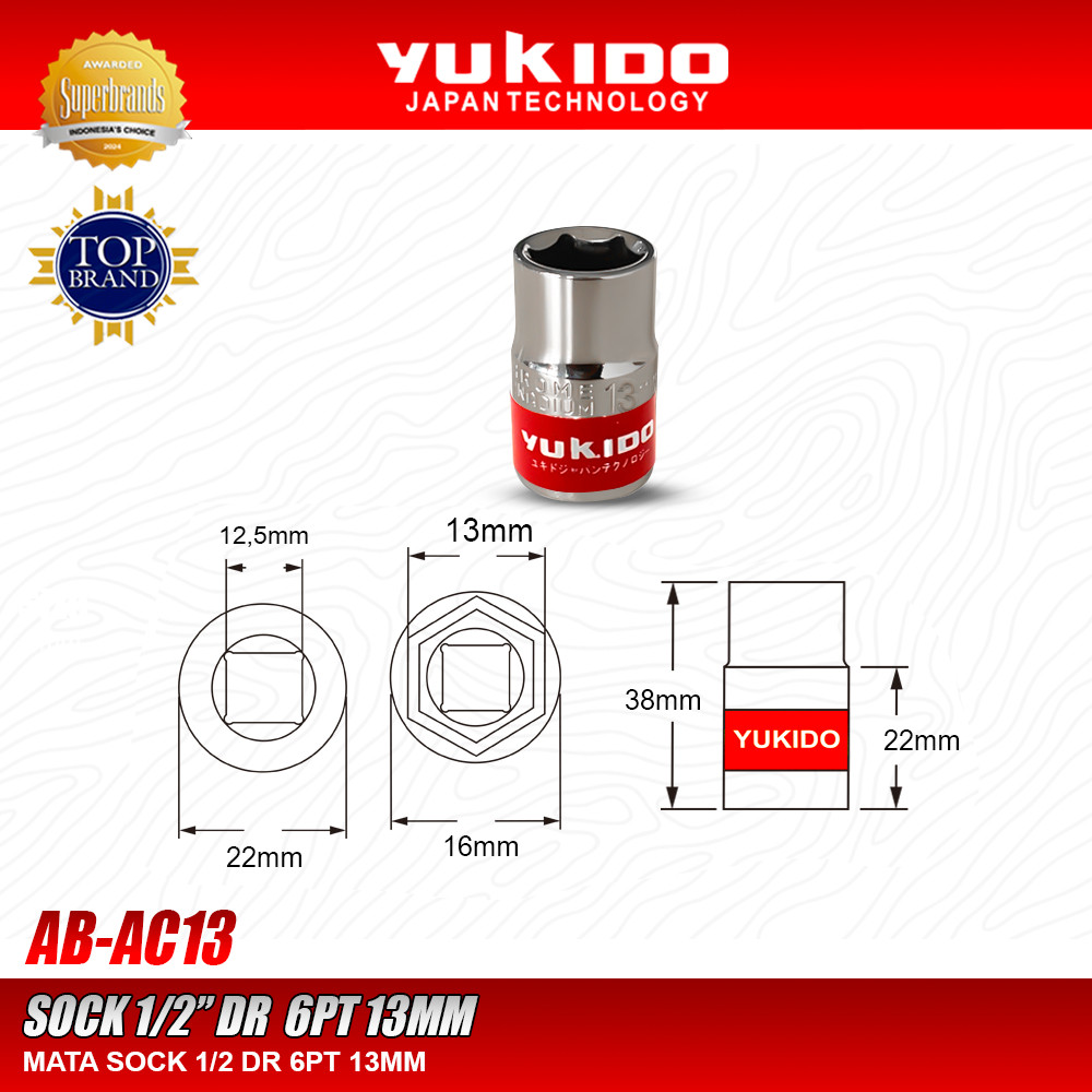 MATA YUKIDO SOCKET BIT 1/2" DR 6PT 13MM - ซ็อกเก็ต 1/2" 6PT 13MM YUKIDO AB-SC13
