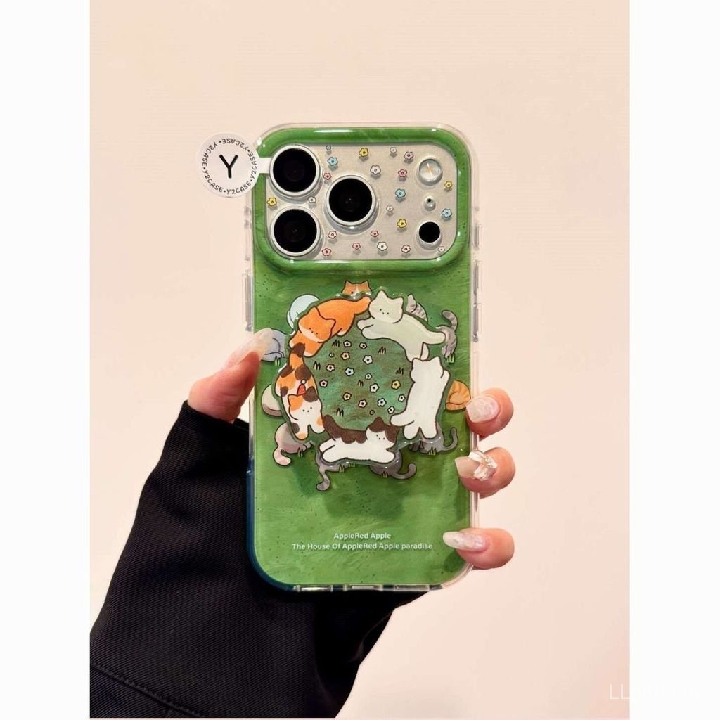 เคสโทรศัพท์ เหมาะสําหรับ iPhone 7 8 X XS XR XSMAX 11 12 13 14 15 16 17 Pro max Plus Air สนามหญ้าหมุนแมวกันกระแทกกันกระแทกป้องกันกรณีรวมทุกอย่าง WZAC