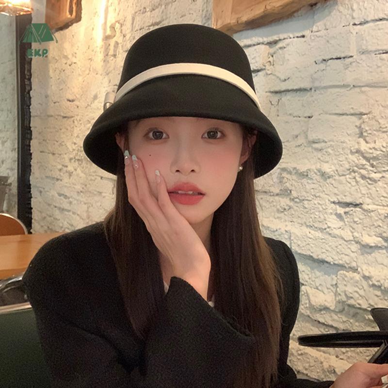 [EKP] Autumn Winter French Bow Buet Hat Women Sweet Felt Hat With Folding Shape Good