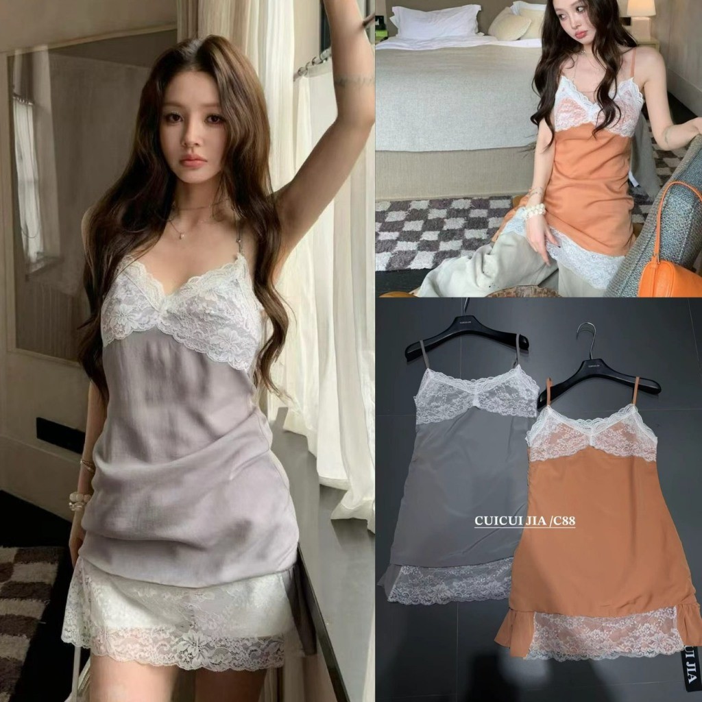 ❤ 🧵 🇰🇷 C90385 เดรสสั้นสายเดี่ยว แต่งลูกไม้ สายปรับได้ ชายแต่งระบายเล็กๆ ใส่แล้วดูดี งานดีแฟชั่นเกาหลี TAG CUI  🧡