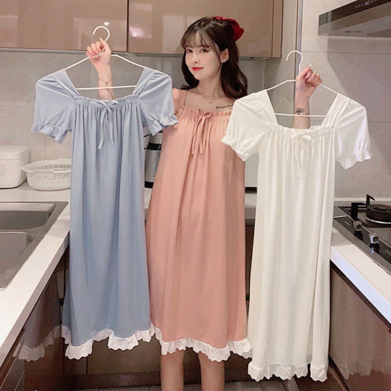 ชุดนอนแขนสั้นฤดูร้อนสไตล์เจ้าหญิงผู้หญิงลูกไม้ลูกไม้คอเดียวสีทึบหลวม Wechat Homewear