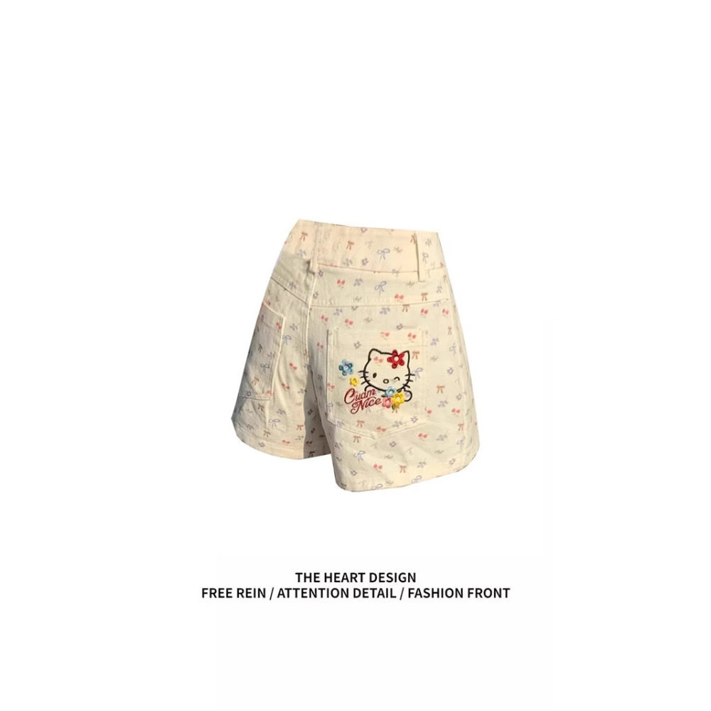 กางเกงขาสั้นสบาย cicishop1 Korean shorts HelloKitty Cat กางเกงขาสั้นผ้ายีนส์ปักผู้หญิงฤดูร้อนสไตล์ให