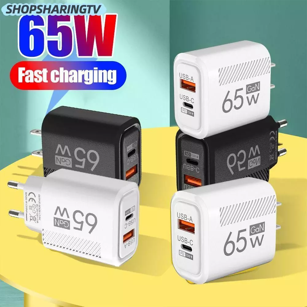 SHOPSHARINGTV อะแดปเตอร์ชาร์จโทรศัพท์, USB A+C PD Type C 65W GaN ปลั๊กชาร์จ, อุปกรณ์ชาร์จเร็ว EU/US USB C Charger สําหรับ //