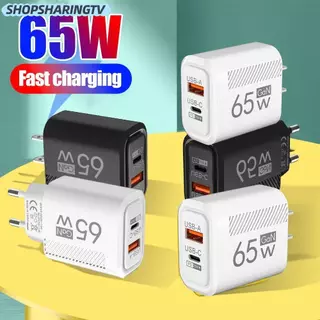 SHOPSHARINGTV อะแดปเตอร์ชาร์จโทรศัพท์, USB A+C PD Type C 65W GaN ปลั๊กชาร์จ, อุปกรณ์ชาร์จเร็ว EU/US USB C Charger สําหรับ //