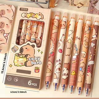 6 ชิ้นน่ารัก Capybara Erasable ปากกาเจล 0.5 มม.หมึกสีฟ้าแบบพับเก็บได้สําหรับโรงเรียนและสํานักงาน Smooth Writing & Quick-Drying
