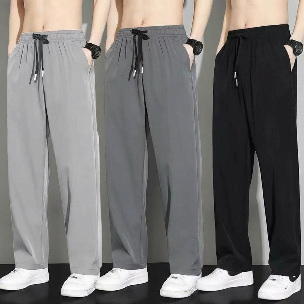 Plus ขนาด M-5XL Unisex ผ้าไหมน้ําแข็งธรรมดากางเกงตัดตรงพร้อมกระเป๋าหลวมนุ่มบางกางเกงจ๊อกกิ้งกีฬาวิ่ง Sweatpants Black\Grey