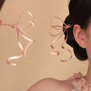 Anti-Gravity โบราณสีชมพู Bow Hairpin ใหม่จีน Hairpin ผมม้วน Hanfu อุปกรณ์เสริมผม