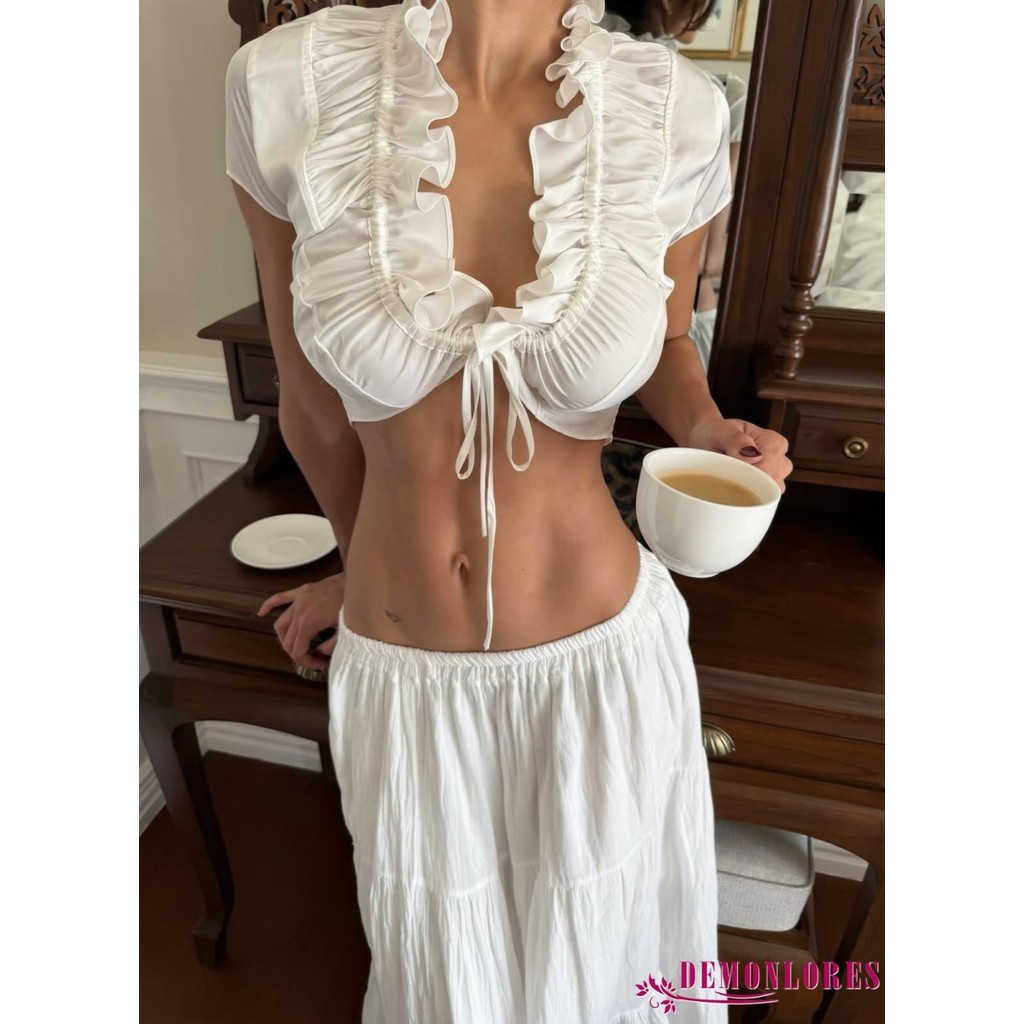 ท๊อปส์หน้าตัดเอว คอดีพวีเชฟัน แขนสั้น สไตล์ฤดูร้อน