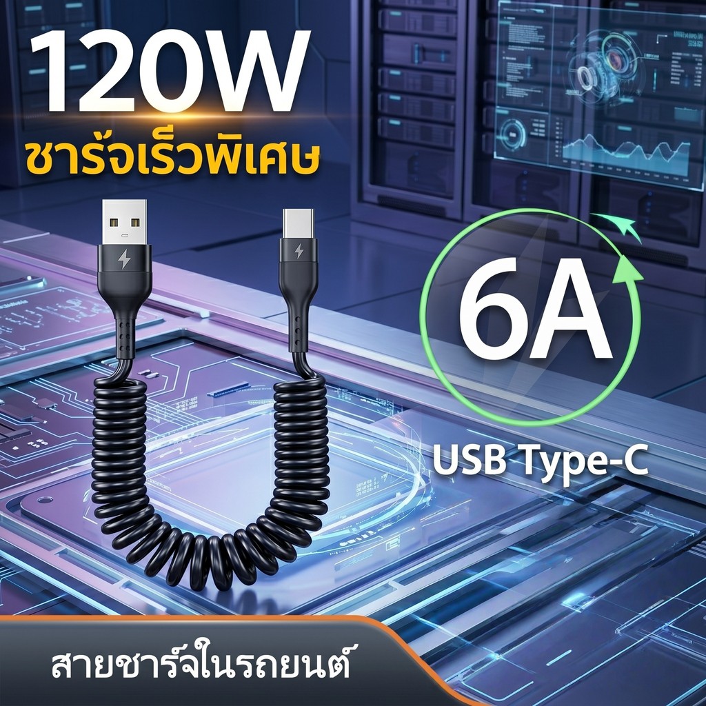 สายชาร์จในรถ 120W แบบสปริง Fast Charge จัดเก็บง่าย ทนงอ TypeC/L/Micro ส่งไว