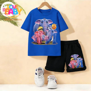 [COD]LE2 Khan Kluayชุดเสื้อ+กางเกงขาสั้นเด็ก ลายตัวละครช้างการ์ตูนสีสดใส สไตล์น่ารัก คุณภาพดี ใส่สบาย+（ชุดเสื้อยืดและกาง