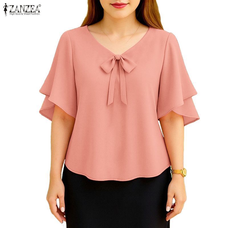 ZANZEA เสื้อลายเกาหลีสำหรับผู้หญิง ออกแบบมาเพื่อความหรูหราและนุ่มนวล กับกระดิบและโบว์ที่แขน เพื่อความสะดวกสบาย
