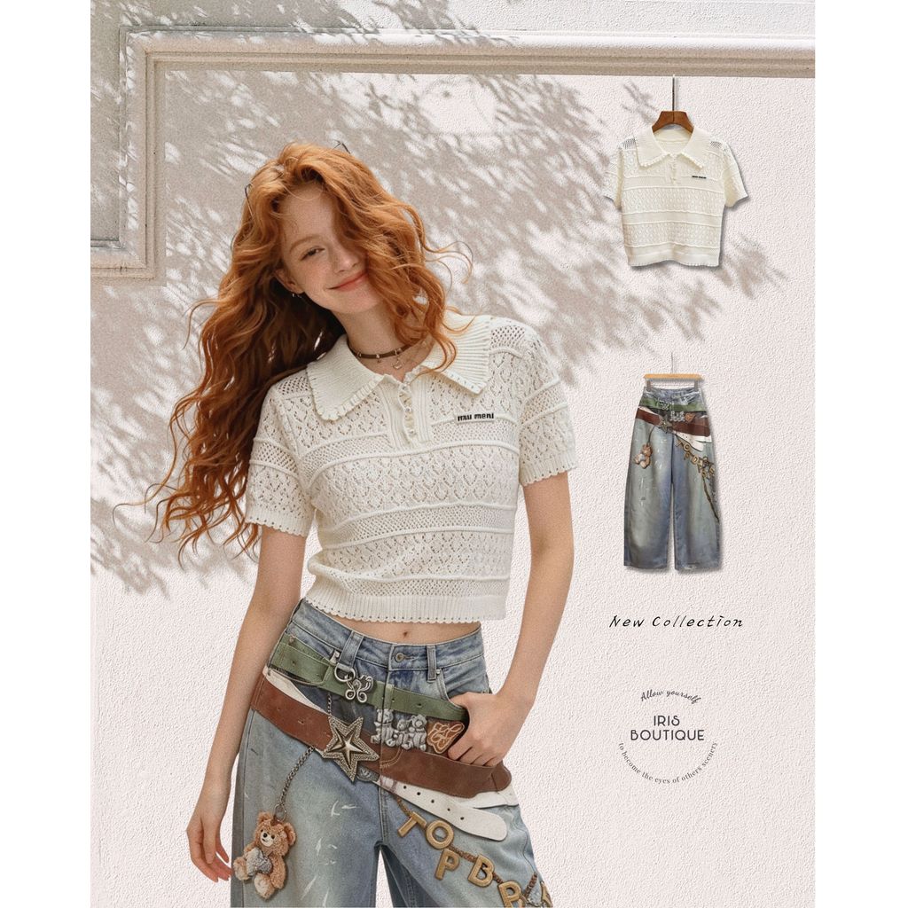 Original Design IRIS BOUTIQUE Summer Premium seriesIS73829-IK73829 Ivory Knit Polo Top&Charm Belt Collage Wide-Leg Jeans