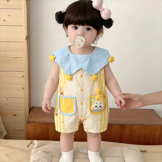 ชุดจั๊มสูทแขนสั้นฤดูร้อนใหม่ของทารกสําหรับ 0-24 เดือนนุ่มสบายการ์ตูนน่ารักคนดาว ชุดรอมเปอร์ สไตล์เกาหลี