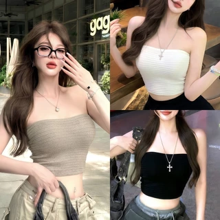Amarin🌸พร้อมส่ง🌸【เสื้อเกาะอก】สไตล์เกาหลี ถักไหมพรม ทรงครอปมินิมอลเรียบหรู เสื้อแฟชั่นผู้หญิง ใส่ซ้อนชั้นดูดี 03091