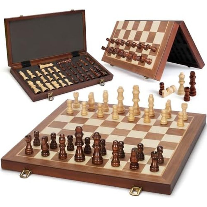 Magnetic Wooden Chess Set, 15" Folding Chess Board with 2 Extra Queens, Portable Travel Chess Set wi