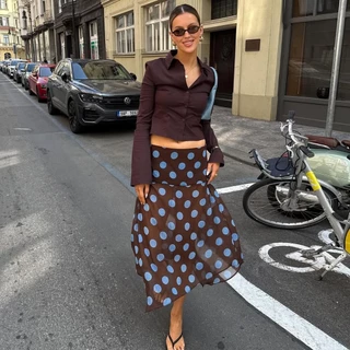 Dahong 99410 กระโปรงยาวผ้าพริ้ว ดีเทลลายจุด แฟชั่นผู้หญิงใหม่ Contrast สี Polka Dots ไม่สม่ําเสมอตาข่ายดูผ่านกระโปรงยาว