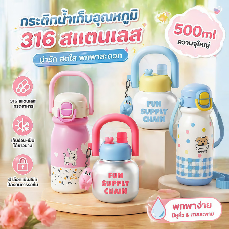 COD กระติกน้ำเด็ก สแตนเลส316 สูญญากาศ เก็บได้ทั้งร้อน-เย็น 12-24 ชั่วโมง หลอดดูดในตัว ล็อกแน่นกันรั่ว พกพาสะดวก