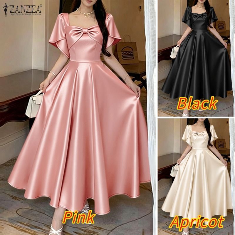 ZANZEA ผู้หญิงเกาหลีชุดราตรีอย่างเป็นทางการสแควร์คอกลีบแขน Bowknot Design A-Swing Dresses — صورة 3