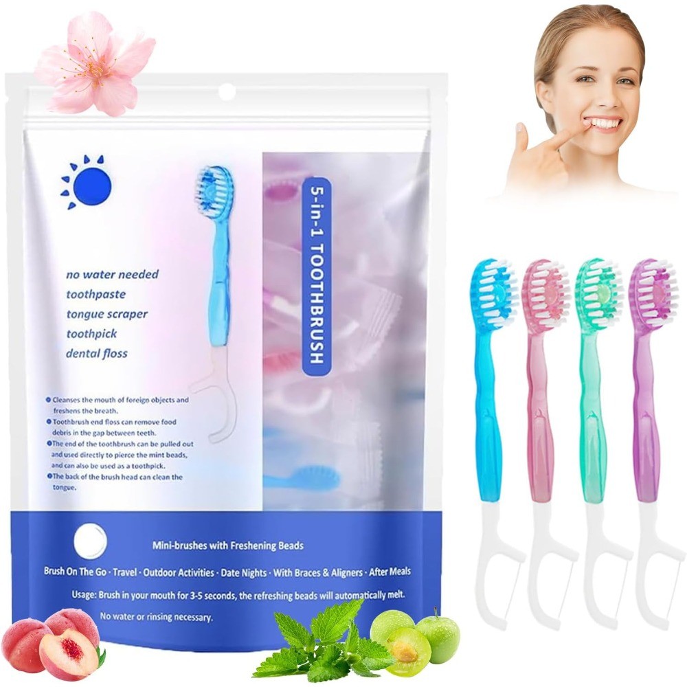 แปรงสีฟันขนาดเล็กแบบใช้แล้วทิ้ง 5 in 1 Oral Care Stick Pre Load ยาสีฟันเจล Travel แปรงสีฟันไหมขัดฟันทําความสะอาดลิ้น