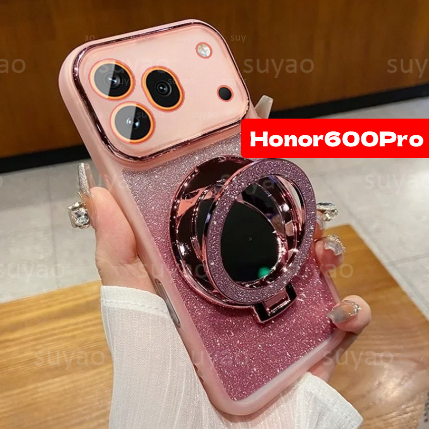สําหรับ Honor 600 Pro 600Pro 5G 2026 เคสโทรศัพท์กระจกแม่เหล็กหรูหราผู้ถือแหวนปลอก Honor600Pro Honor600 Lite Bling Sitcker ซิลิโคนสาวน่ารักนุ่ม Glitter ShockProof ฝาหลัง