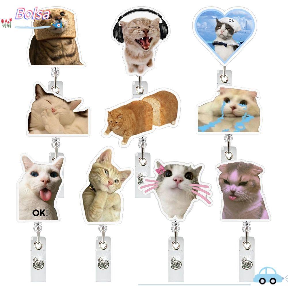 BOLSA พวงกุญแจแมว, Cat Memes Series Lanyard Memes Badge Reels, ตลกหดอะคริลิคชื่อแท็กผู้ถือนักเรียน
