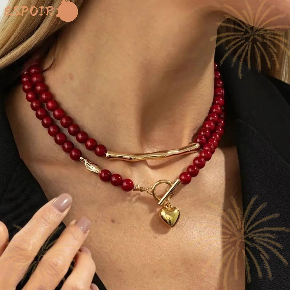 ESPOIR1 2 ชิ้น/เซ็ต Goth Choker,ลูกปัดพลาสติกสีแดง Love Heart Love Heart สร้อยคอ, Vintage OT หัวเข็ม