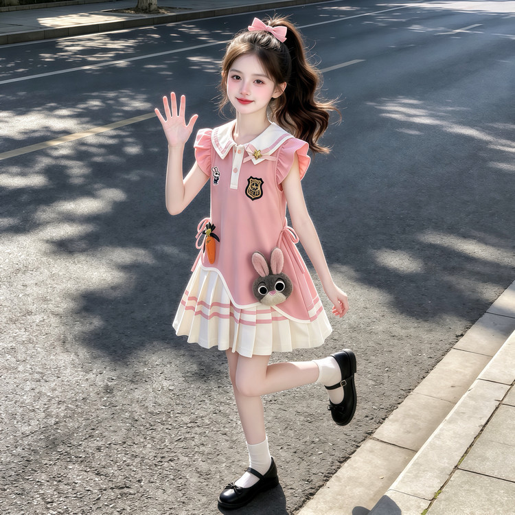 Pippikids-A294Girls Dress Navy Collar Rabbit Sleeve Skirt Little Sleeve Dress Summer