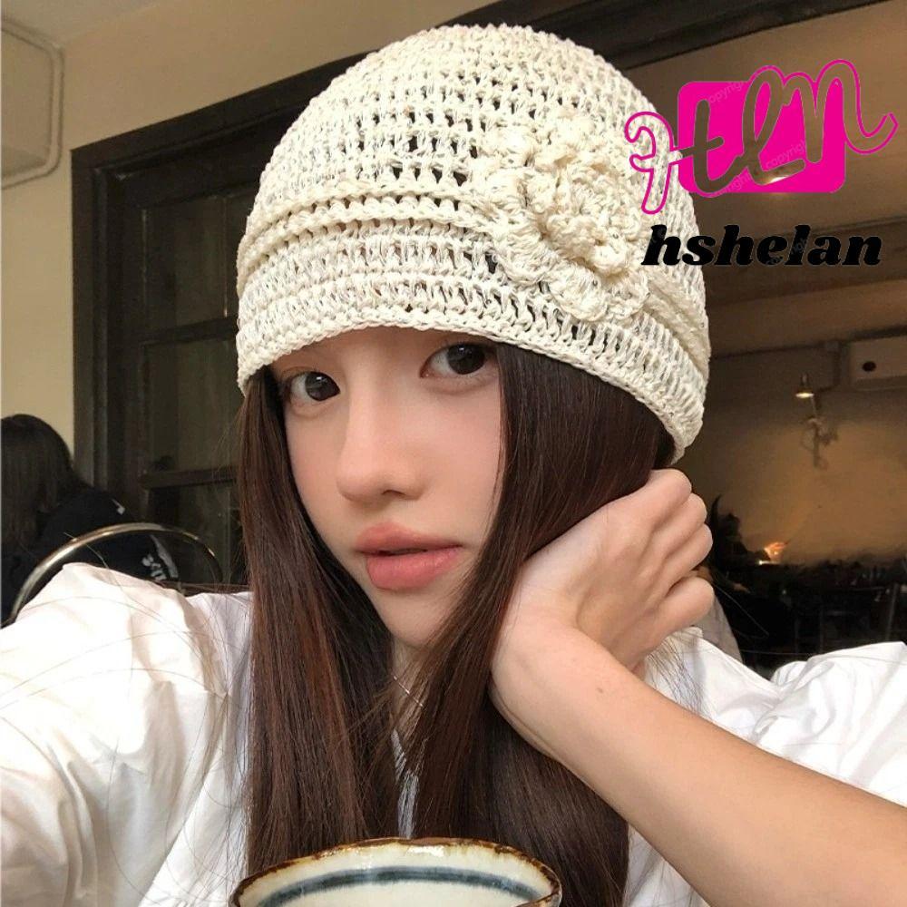 หมวกแก๊ปถัก HSHELAN ออกแบบลายดอกไม้ crochet hand-knitted breathable solid color hat with sequins