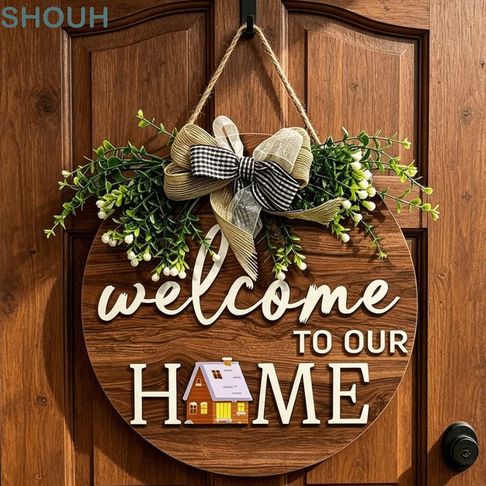SHOUH ป้ายต้อนรับทรงกลม 2D, สไตล์ย้อนยุค 2D แบนรอบ Doorplate, Warm Home แขวนไม้กระดานตกแต่งบ้าน