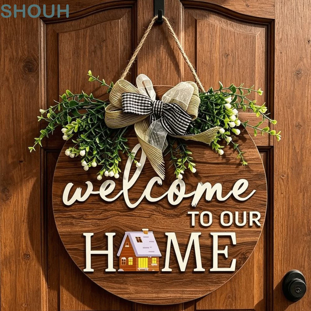 SHOUH ป้ายต้อนรับทรงกลม 2D, สไตล์ย้อนยุค 2D แบนรอบ Doorplate, Warm Home แขวนไม้กระดานตกแต่งบ้าน