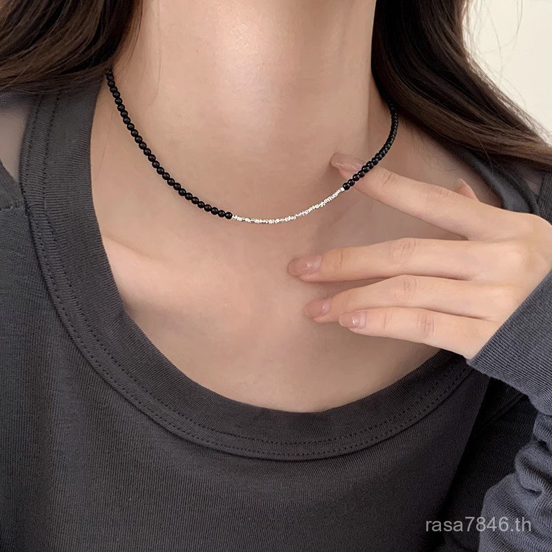 สร้อยคอ สร้อยคอเงิน Niche Simple เย็บโซ่หักเงิน Agate s925 Design Pure Clavicle สีดําไม่สม่ําเสมอหญิ