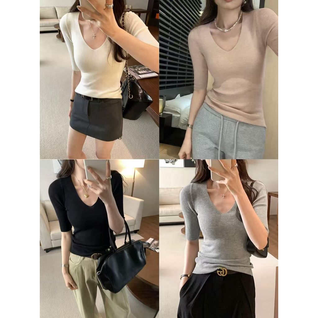 สไตล์เกาหลีสไตล์พื้นฐานคอวีถักแขนสั้นSlim-Fit Slimmerดูอารมณ์ที่ไม่ซ้ํากันห้าจุดแขนTop-1-261019 DINN