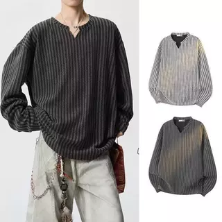 ZENOX ซื้อ 1 แถม 2 Unisex V คอ Chenille Herringbone เสื้อกันหนาวขนาดใหญ่แขนยาวเสื้อลําลอง Streetwear Plus ขนาดสีดําสีเทา M-3XL