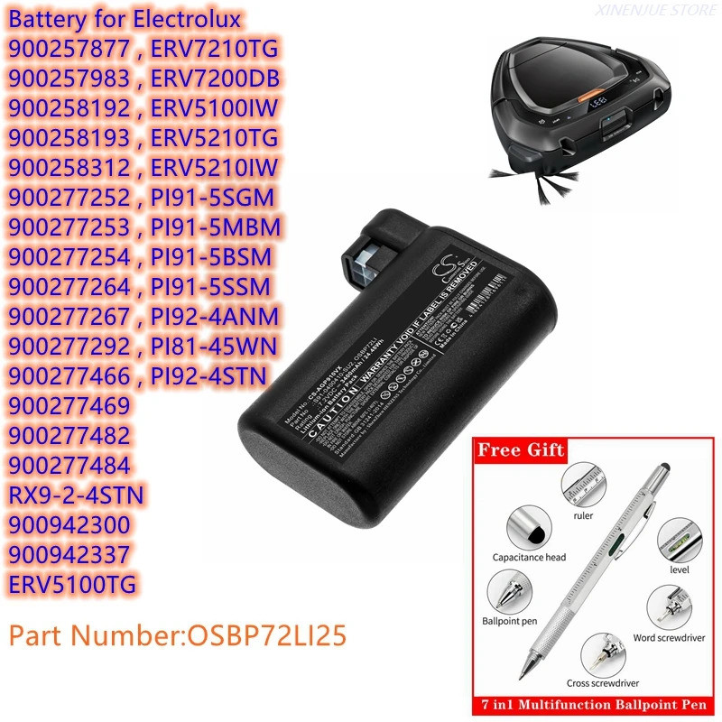เครื่องดูดฝุ่นแบตเตอรี่ 2000mAh/3400mAh OSBP72LI25 สําหรับ Electrolux ERV7210TG,ERV7200DB,ERV5100IW,