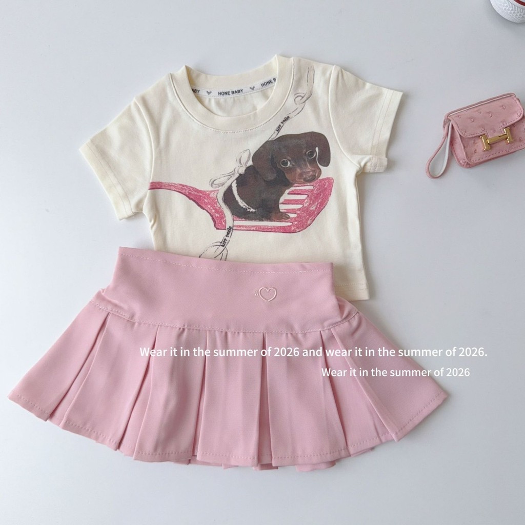 PRETTY BABY เสื้อยืดเด็ก เสื้อยืดทรงครอป ลายน้องหมาดัชชุน กระโปรงทรงเทนนิส มีซับกางเกง(2199)