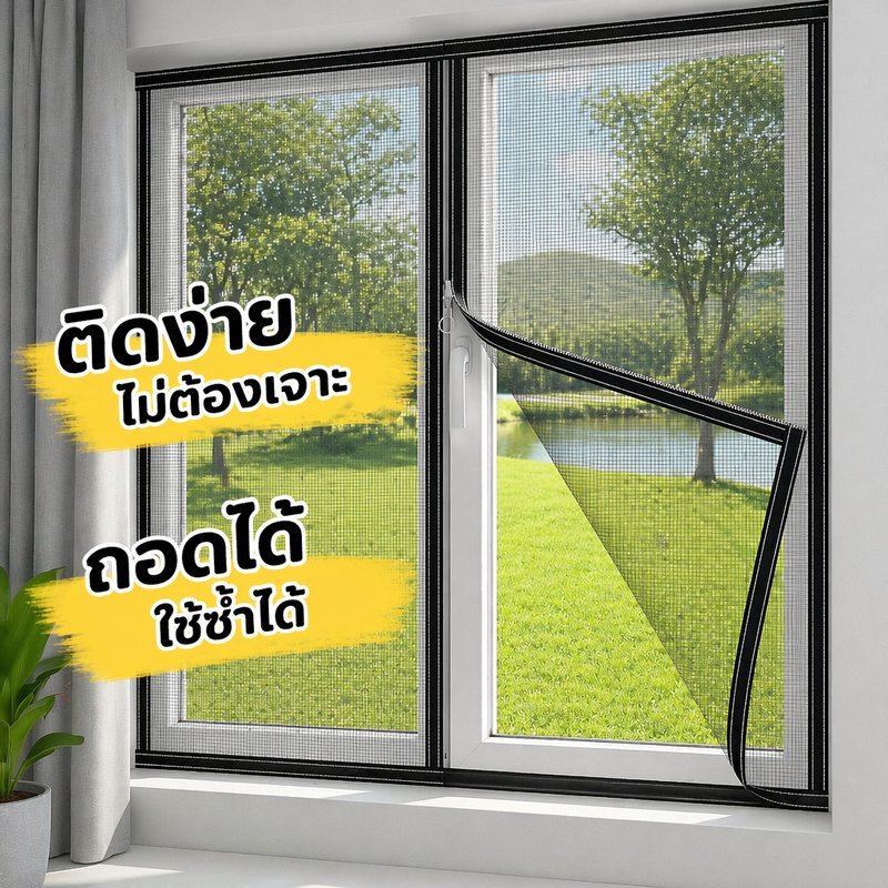 มุ้งติดหน้าต่าง มุ้งกันยุง ซิปเปิดปิด ตาข่ายนาโน กาวในตัว ติดง่าย ใช้ซ้ำ กันแมลง ขอบแม่เหล็ก
