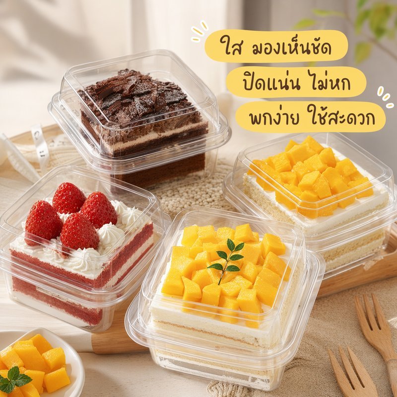 กล่องเค้กใส กล่องขนม PET ฝาล็อค กล่องเบเกอรี่ กล่องแฮมเบอร์เกอร์ กล่องอาหาร 50ใบ พกพา