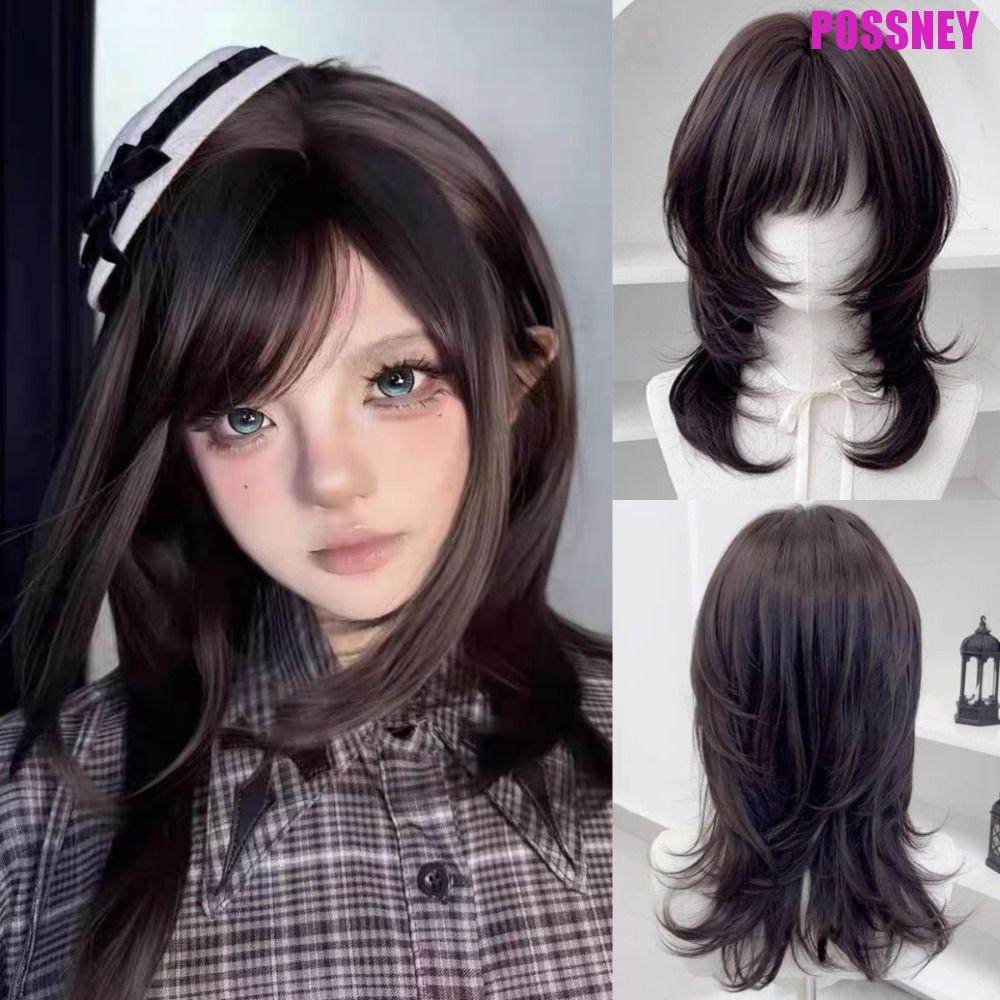 POSSNEY แมงกะพรุนวิกผม Bangs, สังเคราะห์สีน้ําตาลสีดําขนาดกลางตรง Layered วิกผม, Full Head Mullet ตั