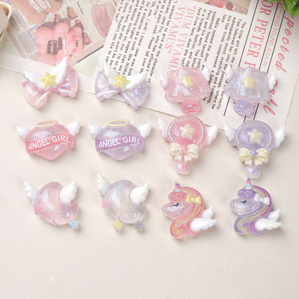 12PCS Shinny Heart Horse Bow Wand พร้อม Swing Angel เรซิ่น Charms สําหรับ DIY(9-372)
