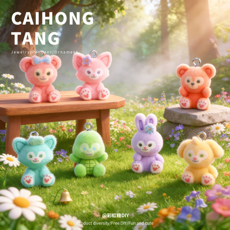 7PCS กํามะหยี่นั่งสัตว์ Fox Bear กระต่ายแหวนจี้เรซิ่น Charms สําหรับ DIY (2-110)