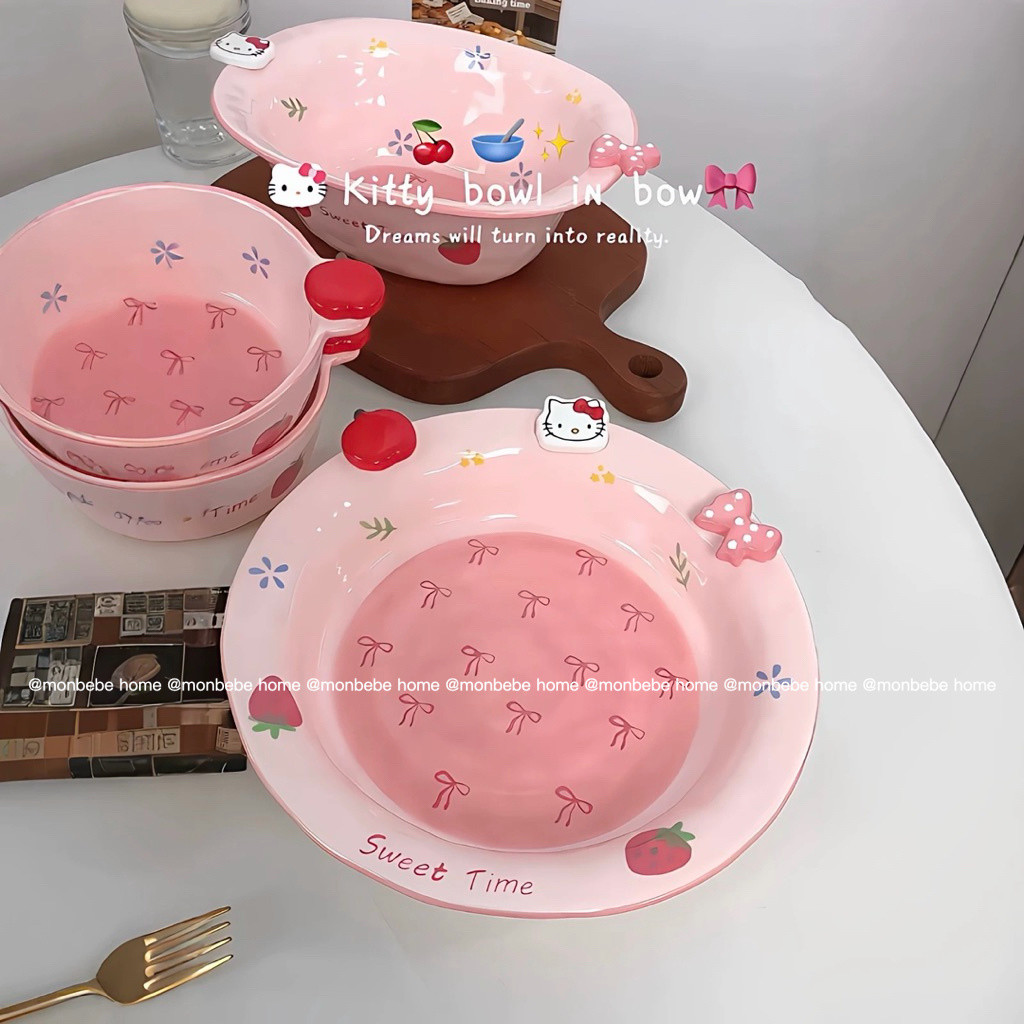 จานขนม  เซรามิค insลายโบว์🎀kittyแอปเปิ้ล🍎 พร้อมส่ง
