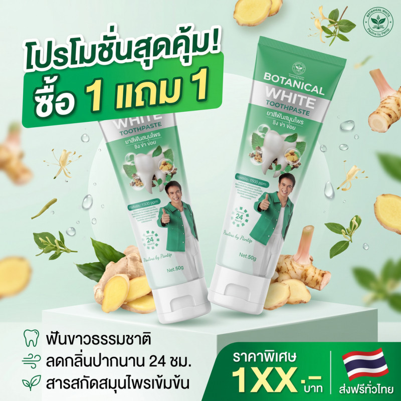 ยาสีฟันสมุนไพร ฟันขาว BOTANICAL WHITE ซื้อ 1 แถม 1 ลดกลิ่นปาก 24 ชม. สูตรเข้มข้น