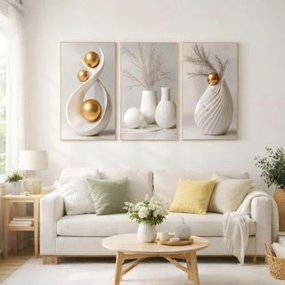 ชุดของตกแต่งผนัง 3 ชิ้น สไตล์ ภาพพิมพ์ศิลปะลายดอกไม้แนว Minimalist สำหรับห้องนั่งเล่น