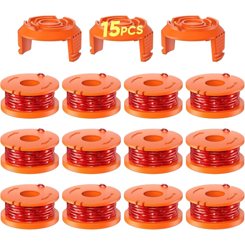 15 แพ็ค WA0010 สายกินวัชพืชเข้ากันได้กับ Worx, 0.065 นิ้ว 10 ฟุต/แพ็ค, แกนม้วนสายทริมเมอร์ทดแทน, เข้